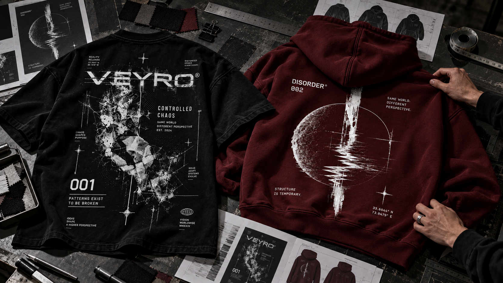 VEYRO garment process with Articles 001 and 002, fabric swatches, artwork studies, and hands at work.